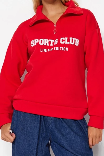 Bol Fermuarlı Yaka Düşük Kol Uzun Normal Kalıp Sloganlı Fermuarlı Kalın İçi Polarlı Sweatshirt - 2