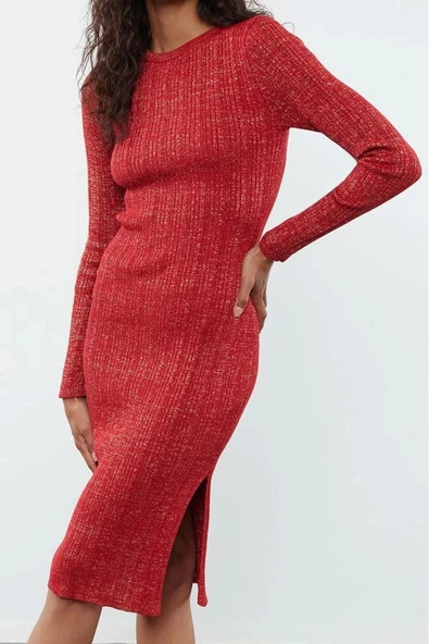 Moda Stil Slim Bisiklet Yaka Midi Boy Simli Triko Elbise