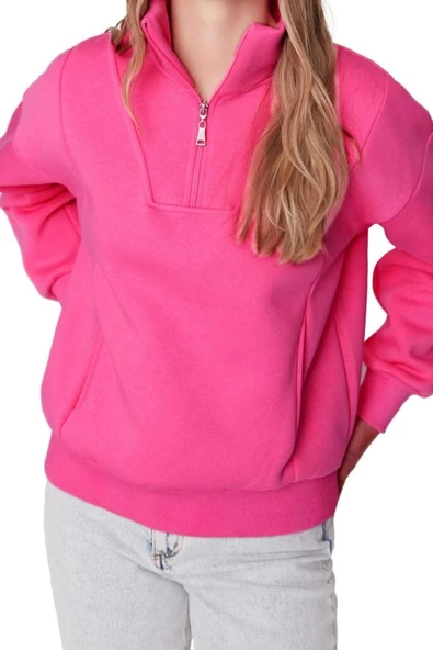 Fermuarlı Yaka Düşük Kol Geniş Kalıp Fermuarlı Kalın İçi Polarlı Örme Sweatshirt - 5