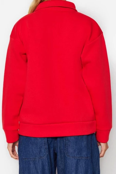 Bol Fermuarlı Yaka Düşük Kol Uzun Normal Kalıp Sloganlı Fermuarlı Kalın İçi Polarlı Sweatshirt - 5