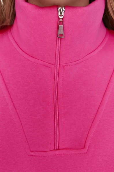 Fermuarlı Yaka Düşük Kol Geniş Kalıp Fermuarlı Kalın İçi Polarlı Örme Sweatshirt - 3