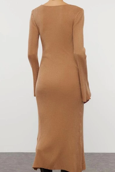 Moda Stil Slim Kare Yaka Midi Boy Triko Basic Kol Ucu Detaylı Elbise - 5