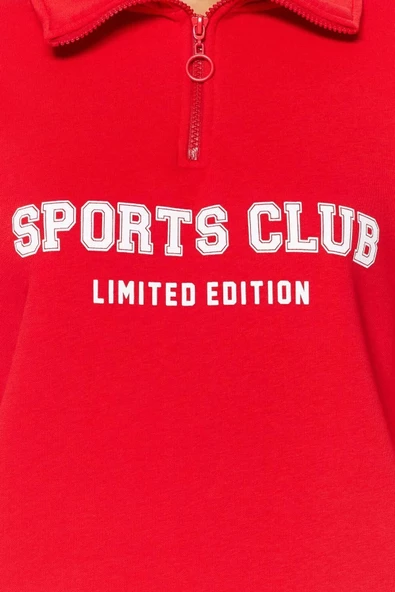 Bol Fermuarlı Yaka Düşük Kol Uzun Normal Kalıp Sloganlı Fermuarlı Kalın İçi Polarlı Sweatshirt - 4