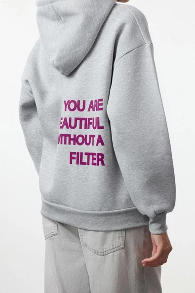 Oversize Kapüşonlu Düşük Kol Uzun Kalın İçi Polarlı Sırt Baskılı Geniş Kalıp Örme Sweatshirt - 4