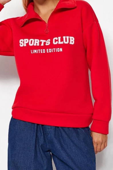 Bol Fermuarlı Yaka Düşük Kol Uzun Normal Kalıp Sloganlı Fermuarlı Kalın İçi Polarlı Sweatshirt - 1