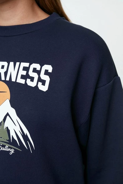 Regular Bisiklet Yaka Düşük Kol Regular Baskılı Kalın İçi Polarlı Rahat Kalıp Örme Sweatshirt - 3