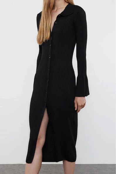 Moda Stil Slim Polo Yaka Maxi Boy Triko Kol Detaylı Elbise