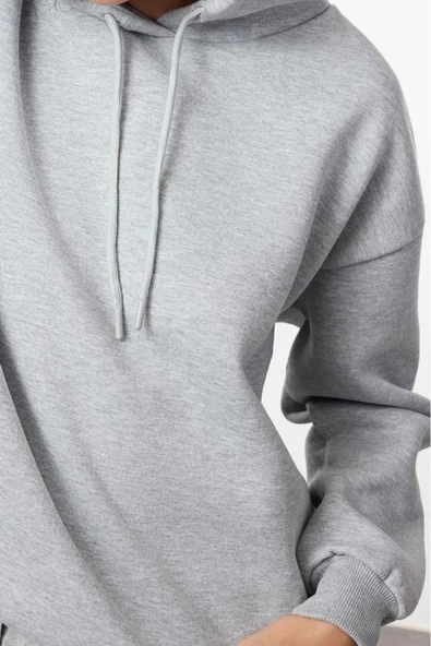 Oversize Kapüşonlu Düşük Kol Uzun Kalın İçi Polarlı Sırt Baskılı Geniş Kalıp Örme Sweatshirt - 2