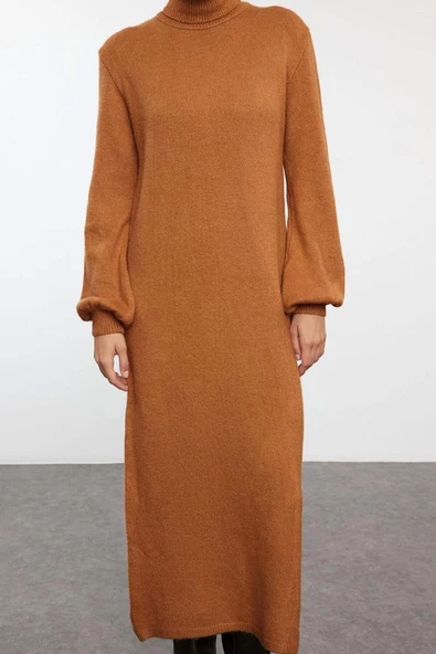 Moda Stil Regular Balıkçı Yaka Midi Boy Triko Yumuşak Dokulu Kazak Elbise - 3