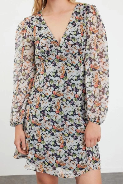 Moda Regular V Yaka Mini Boy Çok Renkli Çiçekli Çiçek Desenli A Kesim Astarlı Şifon Dokuma Elbise - 2