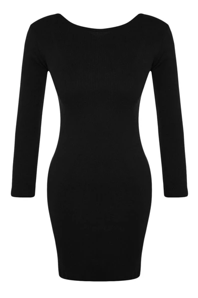 Moda Stil Slim Bisiklet Yaka Mini Boy Fitilli Sırt Detaylı Fitted Vücuda Oturan Esnek Örme Elbise - Resim 3