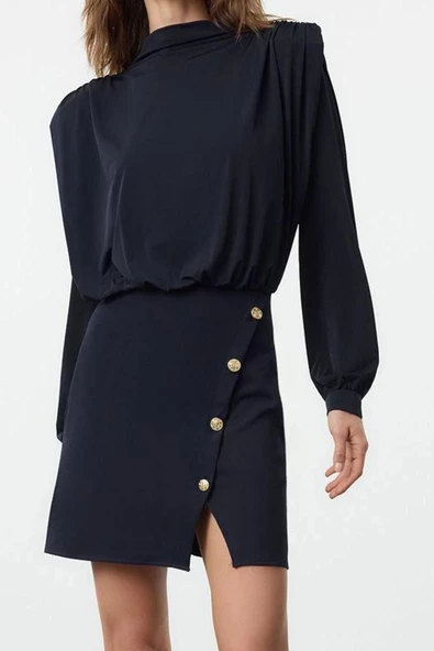 Moda Stil Regular Dik Yaka Mini Boy Düz Vatkalı Dokuma Elbise