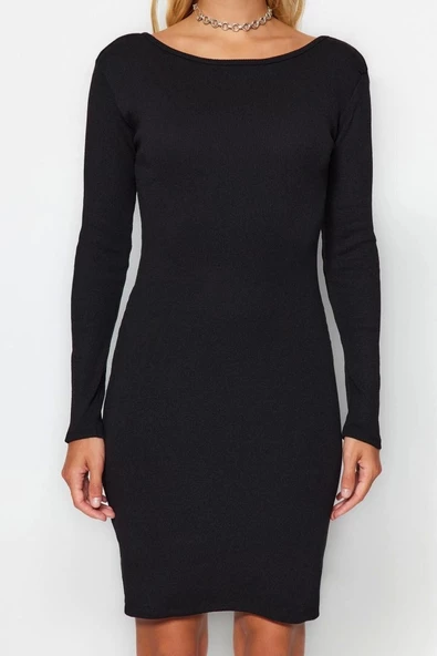 Moda Stil Slim Bisiklet Yaka Mini Boy Fitilli Sırt Detaylı Fitted Vücuda Oturan Esnek Örme Elbise - Resim 5