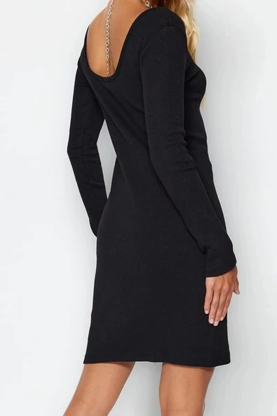 Moda Stil Slim Bisiklet Yaka Mini Boy Fitilli Sırt Detaylı Fitted Vücuda Oturan Esnek Örme Elbise
