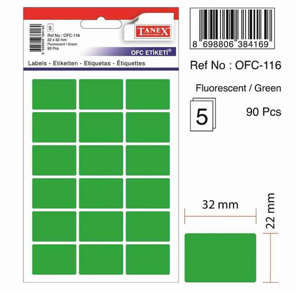 Tanex Ofis Etiketi Poşetli 22x32 MM Fosforlu Yeşil OFC-116-10-PKT