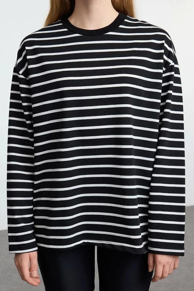 Tarz Oversize Bisiklet Yaka Düşük Kol Uzun Çizgili Geniş Kesim İnce Örme Sweatshirt - 5