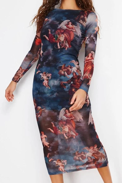 Moda Stil Slim Bisiklet Yaka Midi Boy Baskılı Astarlı Vücuda Oturan Tül Örme Örme Elbise