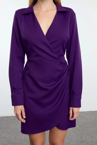 Moda Stil Regular Kruvaze Mini Boy Düz Dokuma Elbise - 3