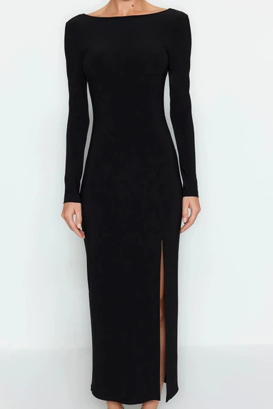 Moda Stil Slim Kayık Yaka Maxi Boy Düz Bodycone Sırt Baskılı Örme Elbise Vücuda Oturan Esnek