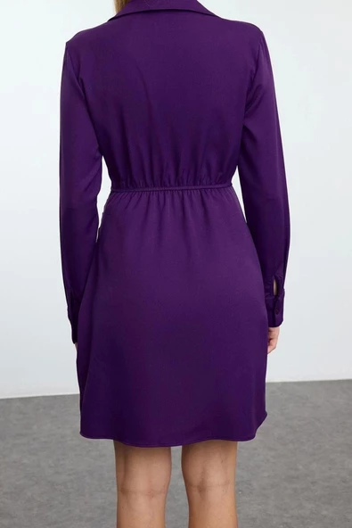 Moda Stil Regular Kruvaze Mini Boy Düz Dokuma Elbise - 5