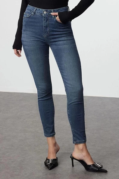 Stil Kadın Moda Denim Kot Pantolon Regular Dar Paça Mavi Yüksek Bel Skinny Jeans - 4
