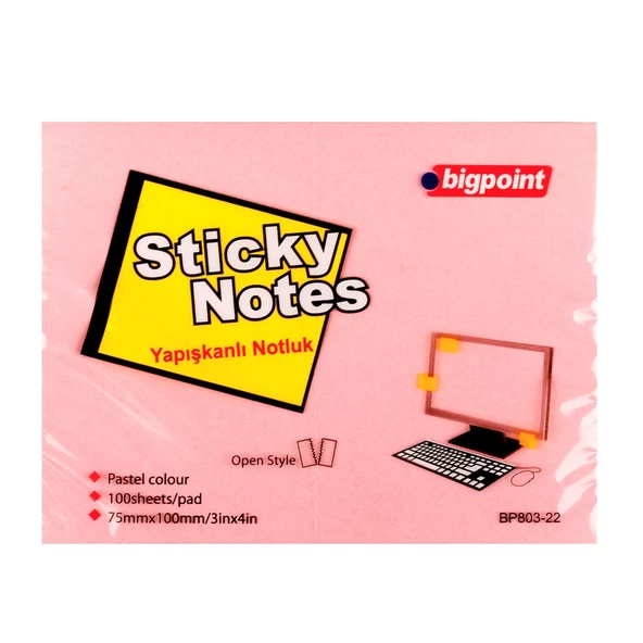 Bigpoint Yapışkanlı Not Kağıdı 75x100 Pembe BP803-22
