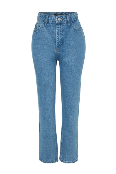 Stil Kadın Moda Denim Kot Pantolon Uzun Geniş Paça Mavi Yüksek Bel Straight Jeans - 4