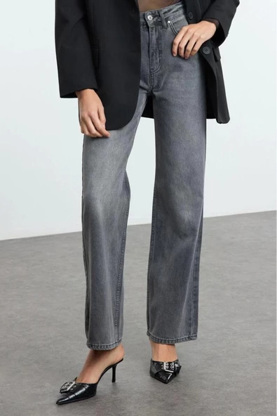 Stil Kadın Moda Denim Kot Pantolon Uzun Geniş Paça Gri Yüksek Bel Jeans