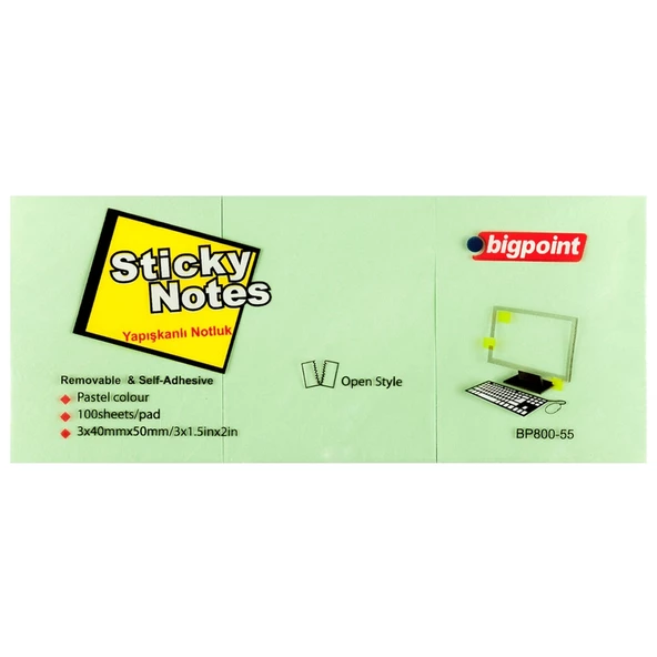 Bigpoint Yapışkanlı Not Kağıdı 3 Lü 40x50 Yeşil BP800-55-4-PKT