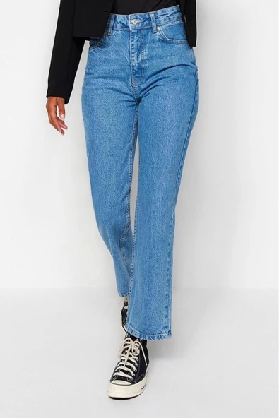 Stil Kadın Moda Denim Kot Pantolon Uzun Geniş Paça Mavi Yüksek Bel Straight Jeans