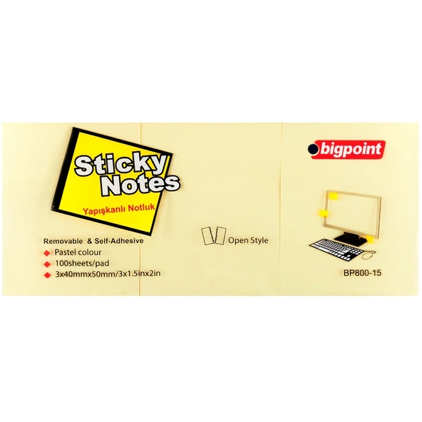 Bigpoint Yapışkanlı Not Kağıdı 3 Lü 40x50 Sarı BP800-15-4-PKT