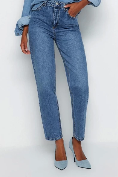 Stil Kadın Moda Denim Kot Pantolon Regular Dar Paça Mavi Yüksek Bel Mom Jeans - 3