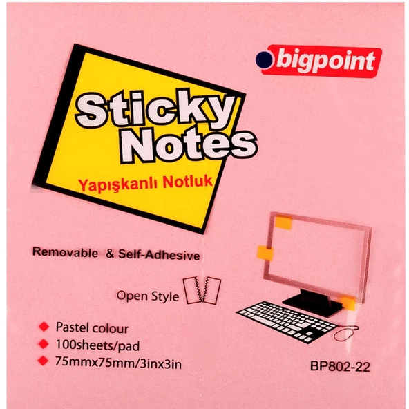 Bigpoint Yapışkanlı Not Kağıdı 75x75 Pembe BP802-22-12-PKT