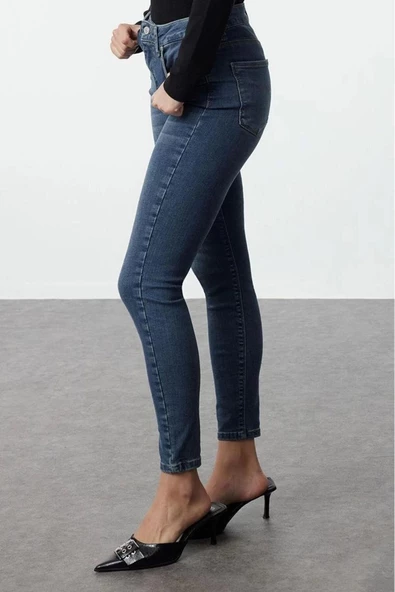 Stil Kadın Moda Denim Kot Pantolon Regular Dar Paça Mavi Yüksek Bel Skinny Jeans