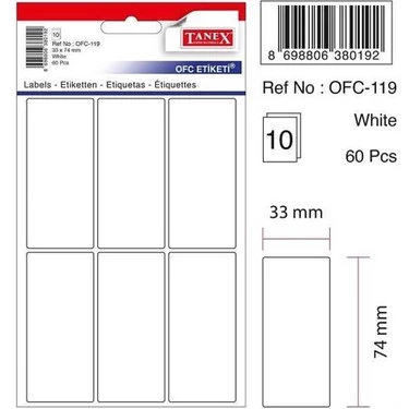 Tanex Ofis Etiketi Poşetli 33x74 MM Beyaz 192 Li OFC-119-10-PKT