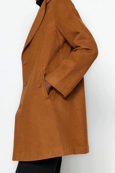 Tasarım Düz Astarlı Yaka Midi Bol Ceket Kadın Oversize Geniş Kesim Kaşe Kaban - 3