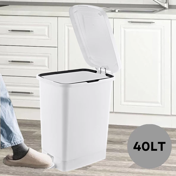 Ergonomik Pedallı Plastik Çöp Kovası ( iç kovasız) Kırık Beyaz - 9