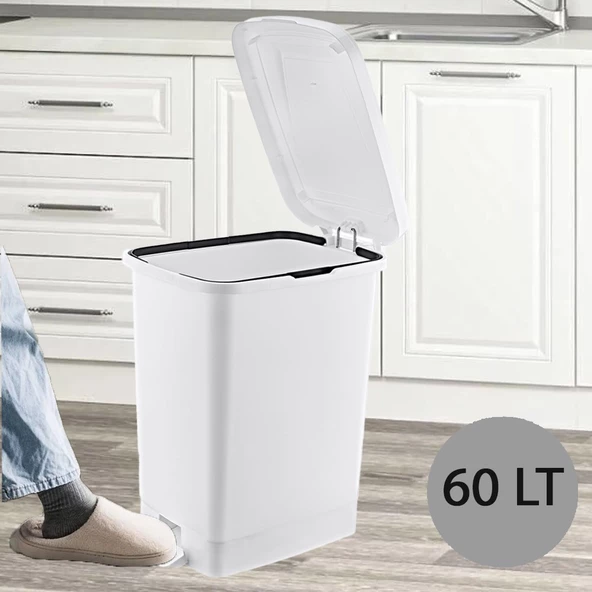 Ergonomik Pedallı Plastik Çöp Kovası ( iç kovasız) Kırık Beyaz - 11