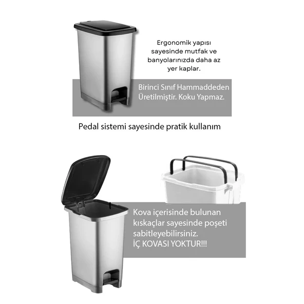 Ergonomik Pedallı Plastik Çöp Kovası ( iç kovasız) Kırık Beyaz - 10
