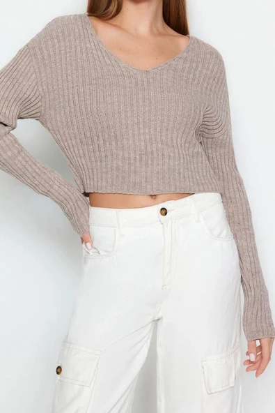Stil Modern Kadın Crop Standart Kol V Yaka Basic Triko Kazak - 4