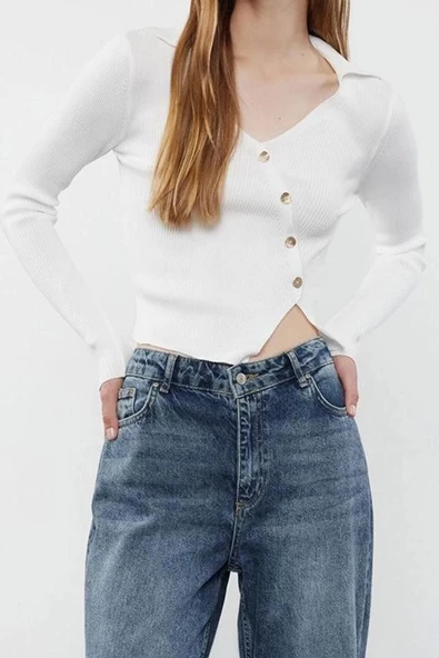 Stil Modern Kadın Crop Standart Kol Polo Yaka Triko Kazak
