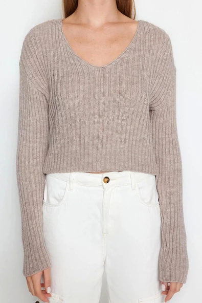 Stil Modern Kadın Crop Standart Kol V Yaka Basic Triko Kazak - 3