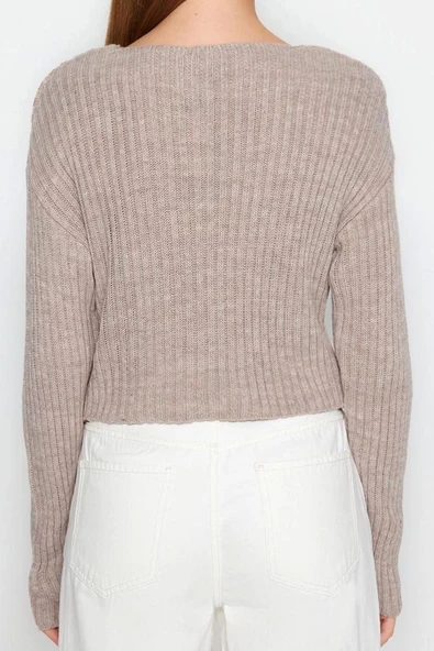Stil Modern Kadın Crop Standart Kol V Yaka Basic Triko Kazak - 5