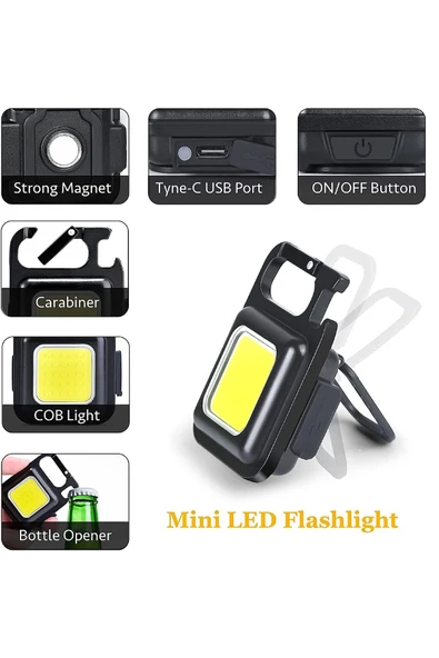 Taşınabilir Şarjlı COB LED Anahtarlık Lamba – 3 Fonksiyonlu, Mıknatıslı Acil Durum Cep Feneri - 2