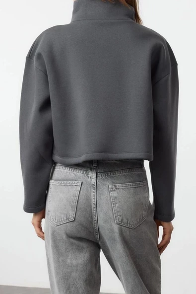 Crop Dik Yaka Standart Kol Crop Rahat Kesim Crop Çıtçıtlı Kalın İçi Polarlı Örme Sweatshirt - 4