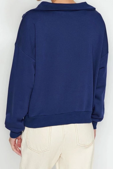 Regular Polo Yaka Standart Kol Regular Geniş Kalıp Triko Yaka Detaylı Diagonel Örme Sweatshirt - 5