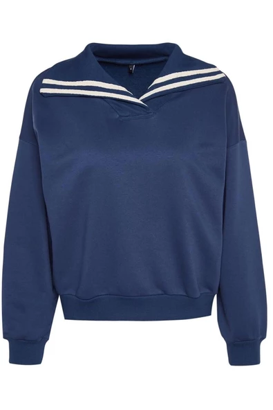 Regular Polo Yaka Standart Kol Regular Geniş Kalıp Triko Yaka Detaylı Diagonel Örme Sweatshirt - 6