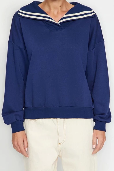 Regular Polo Yaka Standart Kol Regular Geniş Kalıp Triko Yaka Detaylı Diagonel Örme Sweatshirt - 3