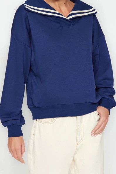 Regular Polo Yaka Standart Kol Regular Geniş Kalıp Triko Yaka Detaylı Diagonel Örme Sweatshirt - 2
