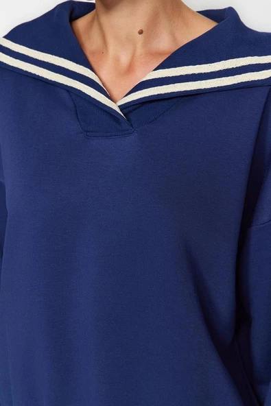Regular Polo Yaka Standart Kol Regular Geniş Kalıp Triko Yaka Detaylı Diagonel Örme Sweatshirt - 4